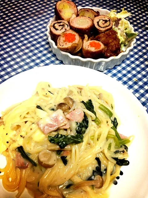 Snapdishの料理写真:今日の晩御飯＊パスタグラタン♡さつまいもサラダ♡根菜の肉巻き♡梅とチーズの肉巻♡|くみこさん