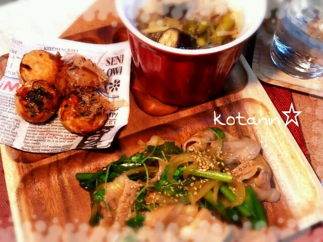 にんにくの芽と豚肉のピリ辛焼き・茄子とタケノコの中華風春雨スープ・たこ焼き(^з^)-☆|コタニンさん