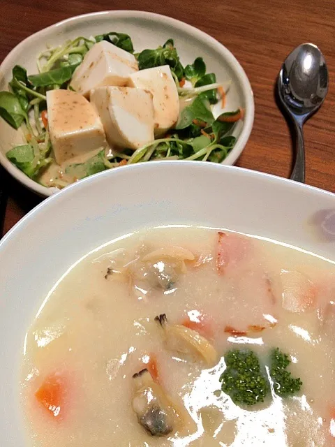 クラムチャウダー。抜き菜と豆腐サラダ。|ゆかこさん