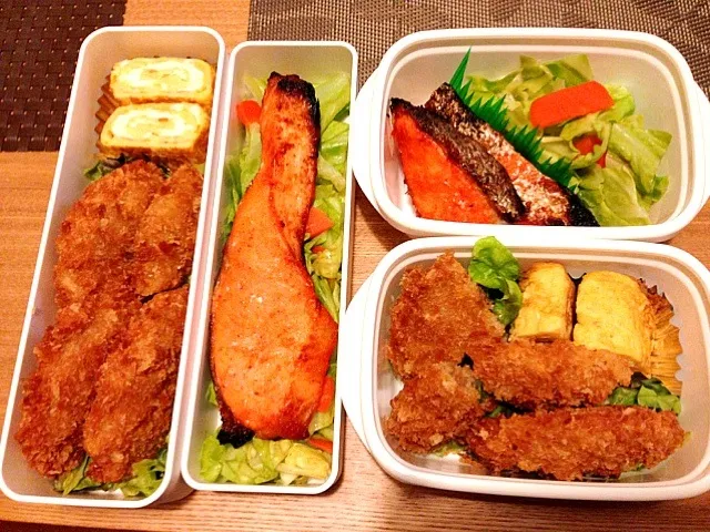 Snapdishの料理写真:お弁当♡明太鮭、温野菜、メンチカツ、卵焼き|ウサコさん