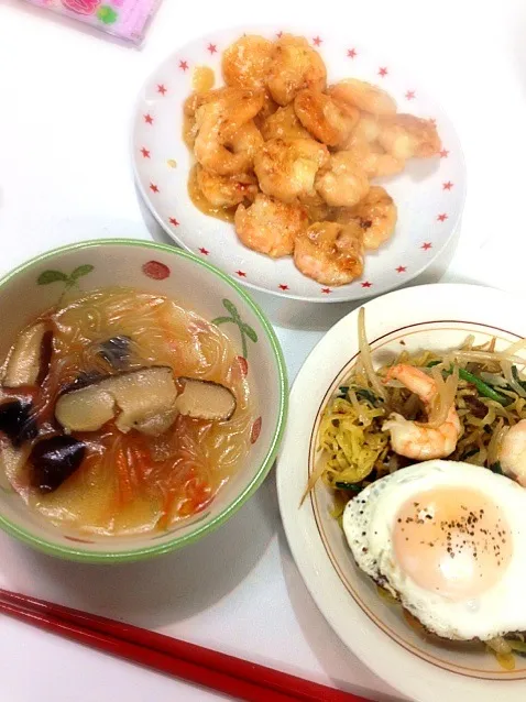 上海風焼きそば、春雨スープ、エビマヨ|まりさん