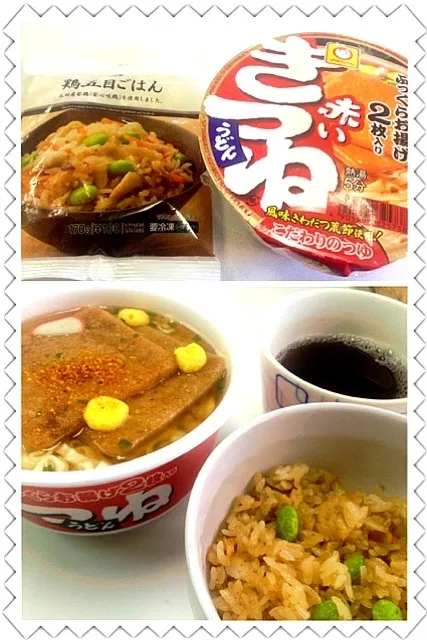 Snapdishの料理写真:昼飯、赤いきつねと鶏五目ごはん|sakumaさん