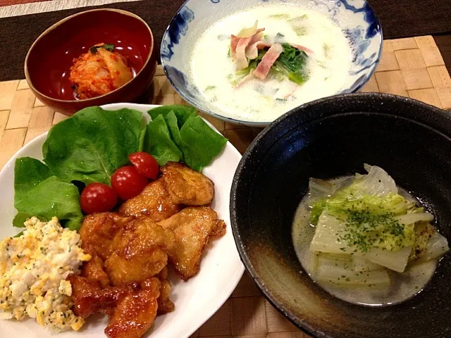 鶏南蛮、白菜のバター蒸し、青梗菜とベーコンのミルク煮|masakoさん