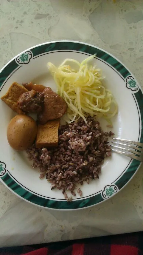 Snapdishの料理写真:brown rice with gong ba and papaya salad|staphanyさん