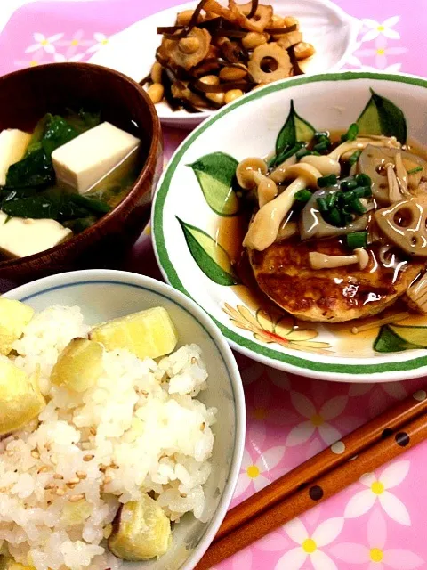 Snapdishの料理写真:五郎島金時ごはん  豆腐ハンバーグ|まいさん