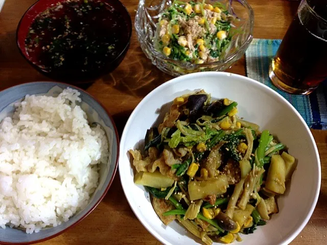 豚野菜のカレー炒め、豆苗とツナとコーンのサラダ、もずくスープ🍴|すかラインさん