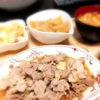 Snapdishの料理写真:豚肉のネギソース、白菜とツナのサラダ、大根と油揚げの煮物、白菜味噌汁|嶋根知子さん