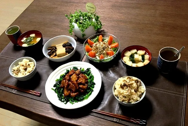 ヒレ肉の照焼ほうれん草添え、きのこご飯、高野豆腐の椎茸煮、じゃこと大根のサラダ、ふのお味噌汁、菊芋茶|pentarouさん