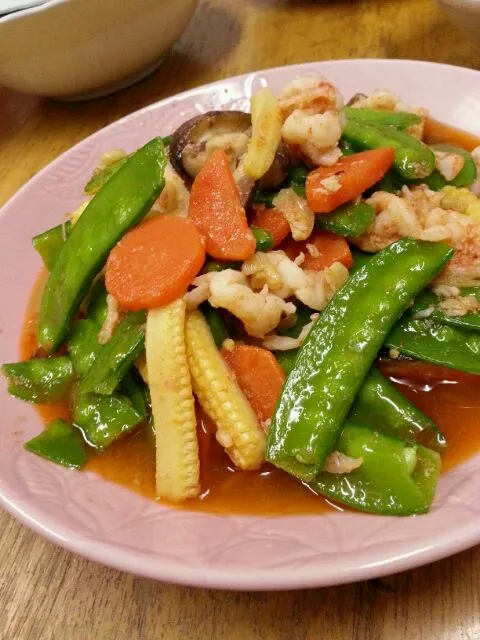 stir-fried vegetable and prawn with oyster sauce|hakubaraさん