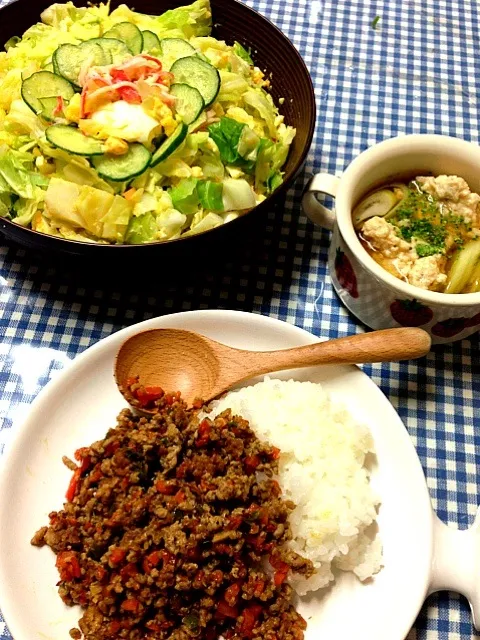 Snapdishの料理写真:晩御飯＊ママ特製ドライカレー♡つみれ汁♡私特製サラダ♡|くみこさん