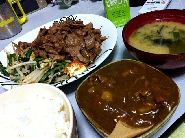 Snapdishの料理写真:豚の生姜焼きとニラもやし炒めとカレー|sigiさん