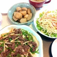 青椒肉絲と里芋の煮物、サラダ|picaさん