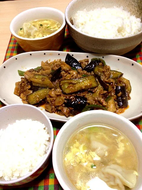 麻婆茄子、餃子スープ|あおいさん