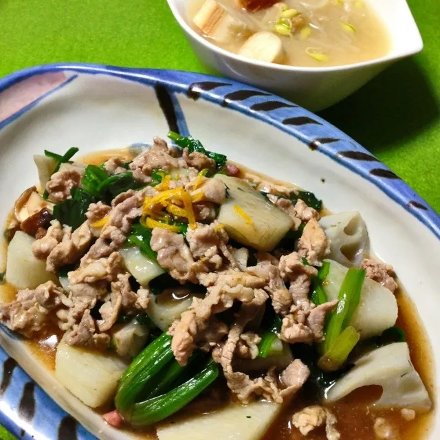 山芋と蓮根の柚子胡椒あんかけ〜♪ 豆もやしと麩のお味噌汁♪|naoさん