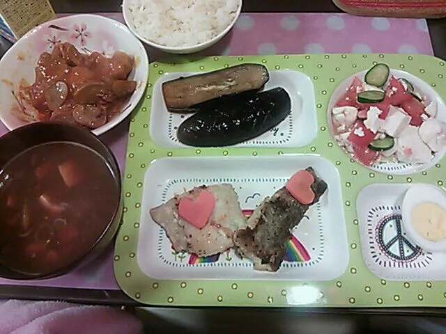 トマトサラダ&鱈のムニエル&茄子の煮浸し&ポークケチャップソテー&なめこ味噌汁|クラキティさん