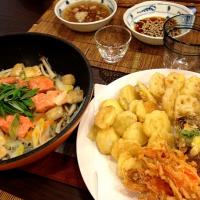 鮭の酒蒸し鍋、天ぷら5種