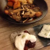 Snapdishの料理写真:子持ちカレイ煮付け、漬マグロ山かけ、さつま揚げ|tsukasaさん