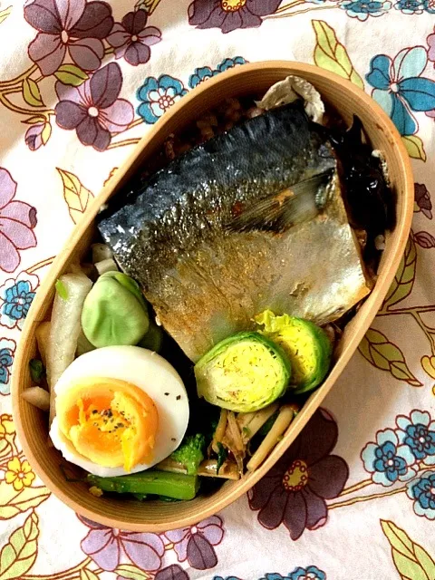 今日のおべんと。焼き鯖、菜の花の辛子あえ、大根ナムル、茹芽キャベツ、ゆで卵、そら豆、わさびこんぶ。楽しい週末ですね♡|nozomi tsujiさん