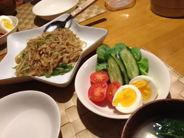 2/22 晩御飯 豚肉ともやしとピーマンのオイスターソース炒め・野菜とゆで卵のサラダ・お味噌汁・白いご飯|よっしーさん