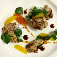 Citrus marinated quail, katsu glaze, yuzu kosho, confit oranges, daikon salad|Myron Chinnさん