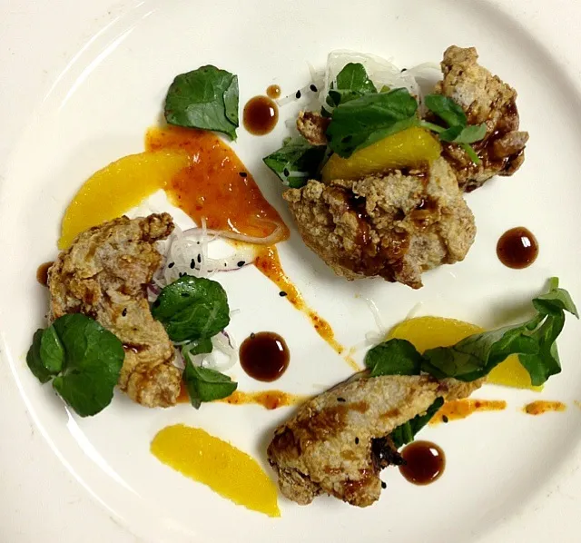 Citrus marinated quail, katsu glaze, yuzu kosho, confit oranges, daikon salad|Myron Chinnさん