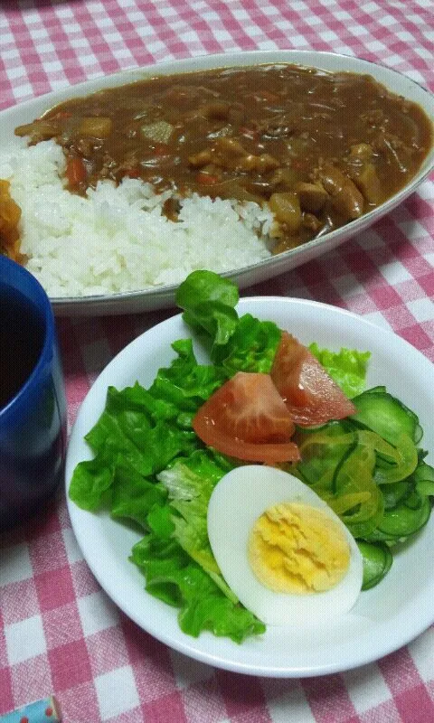 Snapdishの料理写真:カレーライス(合挽肉･鶏もも肉･玉葱･人参･舞茸･じゃが芋･にんにく･生姜)、サラダ(ゆで卵･きゅうり･黄パプリカ･トマト･グリーンリーフ)|まあるさん