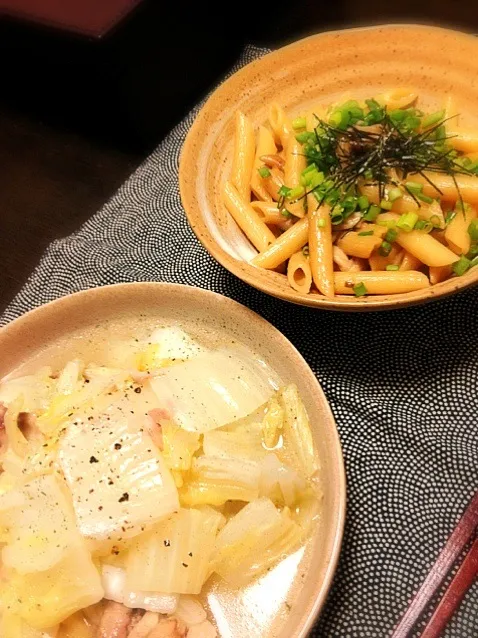 白菜と鶏肉オリーブ油蒸し煮 茸の和風ペンネ@夫。|晴雨さん