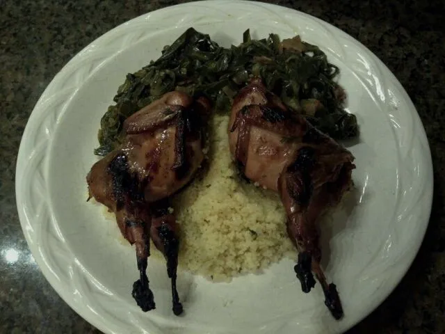 Snapdishの料理写真:Grilled Quail Parmesan Couscous and Braised Collard Greens|Wil Millerさん