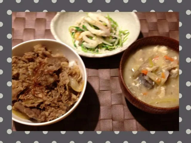 Snapdishの料理写真:2/23 晩御飯 牛丼・豚汁(2日目)・豆苗とツナとちくわと玉ねぎのマヨポン酢和え|よっしーさん