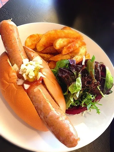 nydc  (`) Woow
boney dog -10 inch premium bratwurst bursting out of soft bun!Topped with relish,salsa and onions.Definitely a treat for die-hard fans"|🎀Kittyna🌸さん