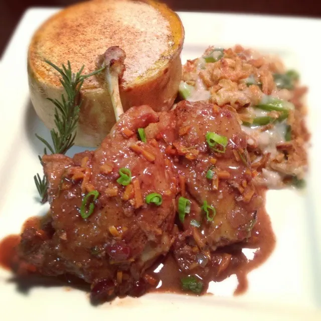 Our Thanksgiving dinner, Braised Duck with the red wine chocolate sauce twice baked butternut squash and jalapeno asparagus casserole.|Brian Churchillさん