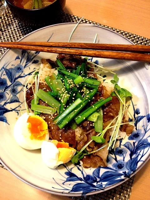 二層の牛丼 半熟茹で卵のせ|にこにこさん