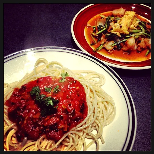 Spaghetti and spicy cod/dandelion|Miranda ♪(´ε｀ )さん