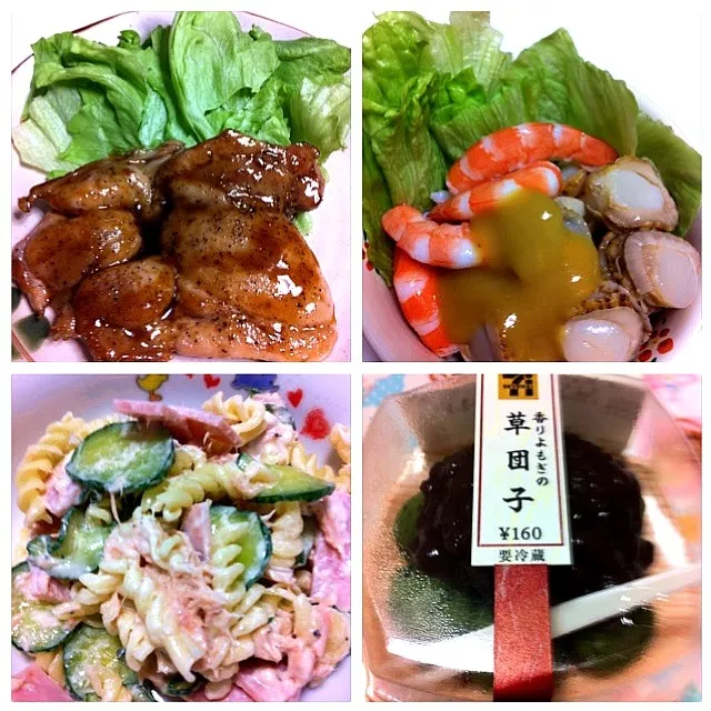 Snapdishの料理写真:鳥の照り焼き🐔海老とベビーホタテのカラシ酢みそ添え＆マカロニサラダ🍴とデザート🍡|akiさん