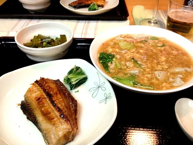 卵と豆腐の餡掛けスープ&ホッケ&茎ワカメのポン酢和え|田中 喜子さん