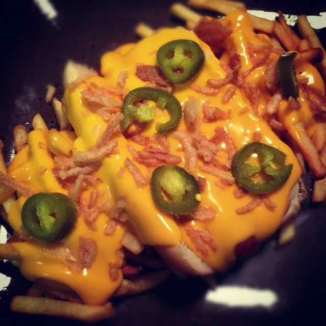 Nacho Cheese dog with nacho fries and fried onions.|Brian Churchillさん