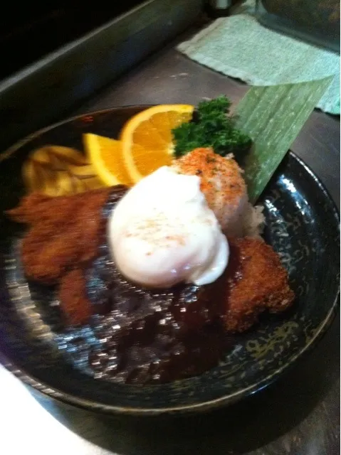 Katsu with poached egg and red eye gravy|beth hardingさん