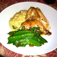 1/2 roasted Cornish Game Hen, risotto with crispy prosciutto snap peas|Brian Keefeさん