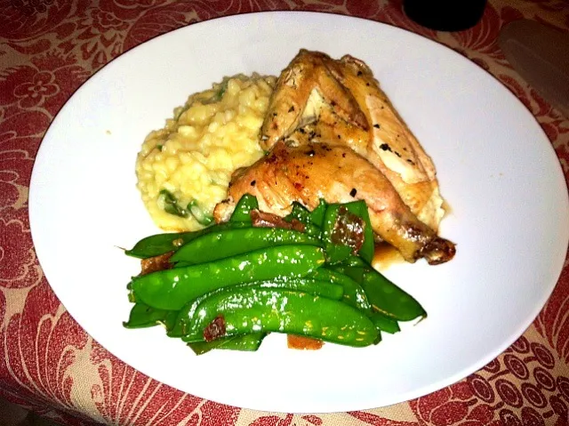 1/2 roasted Cornish Game Hen, risotto with crispy prosciutto snap peas|Brian Keefeさん