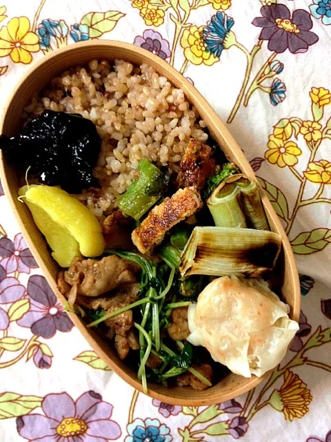 今日のおべんと。豚肉と豆苗の炒め物、菜の花と揚げの梅肉あえ、焼きねぎ、シュウマイ、たくあん、わさびこんぶ。カリカリにやいた揚げと梅の組み合わせが好き。|nozomi tsujiさん