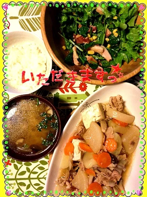 ☆大根・豚肉・じゃがいも煮物★ベーコン・ほうれん草サラダ☆そうめん中華風スープ★|♡ゆりちょ♡さん