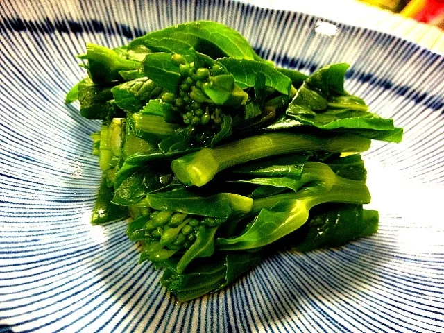 Snapdishの料理写真:我が家産小松菜の花のお浸し Boiled Japanese mustard spinach  (harvested in my garden) in a little bit soy sauce|まる(丸大豆)さん