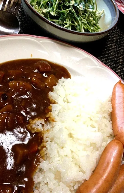 #昼飯 酢醤油マヨの豆苗サラダ、ウインナーカレー。昼カレーうんめぇ〜〜! で、体が柔らかくなるので酢(酢醤油マヨ)を全部飲んだ。|ms903さん