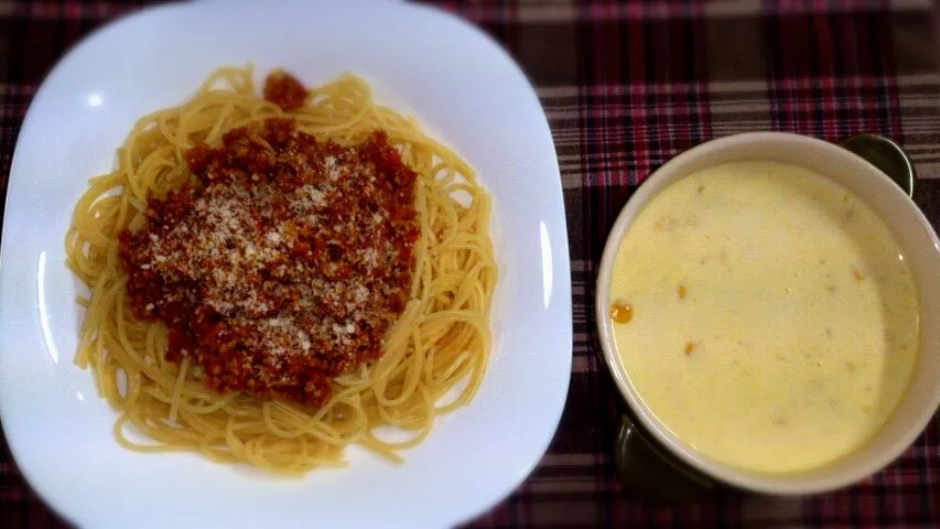 ミートソースパスタ＆コーンスープ|ちーさん