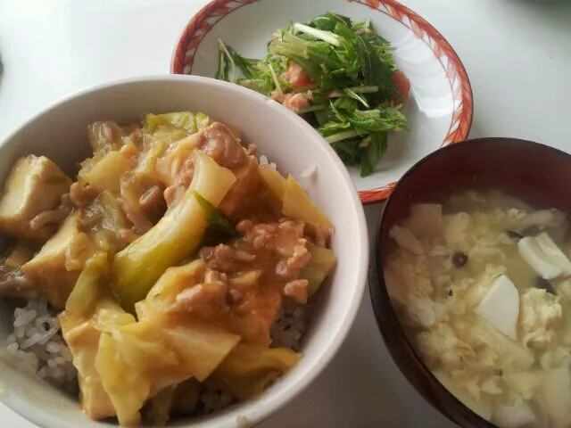 厚揚げ麻婆丼・中華スープ・水菜のサラダ|かとぅさん