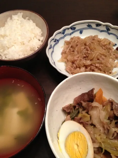 牛肉と卵の煮物、麻婆春雨大根、味噌汁|はるあやママさん