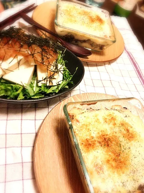 茄子ポテトグラタン、豆腐サラダタラコソース。|晴雨さん