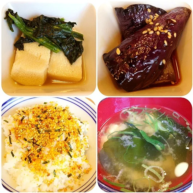 高野豆腐、茄子の煮浸し、のりたまゴハン、豆腐とワカメの味噌汁|梅花権現さん