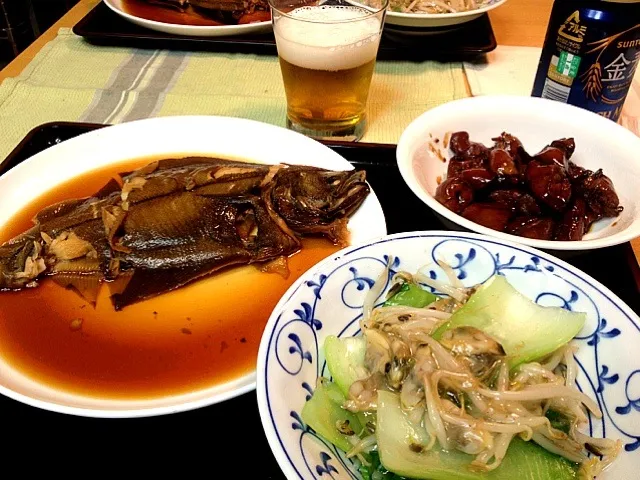 カレイの煮付け&もやしとちんげん菜とあさりの中華炒め&鳥レバーのバルサミコソース|田中 喜子さん