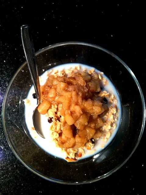 Oatmeal, pear/ginger sauce, raisins, almonds and cold milk.|yasmin resendorfさん